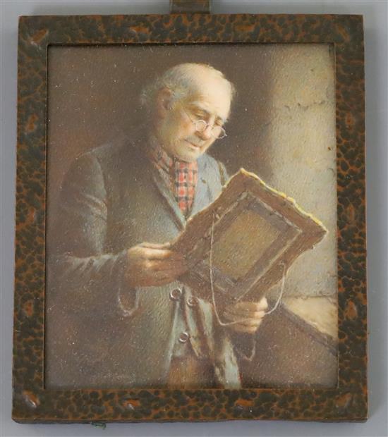 § Charles Spencelayh (1865-1958) Gentleman inspecting a painting by the light from a window 3 x 2.5in. original planished copper frame.